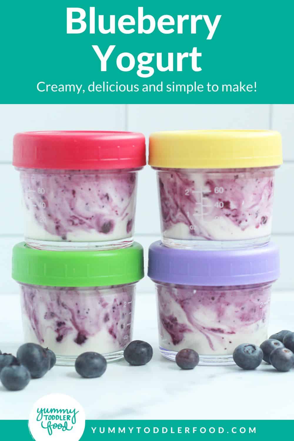 blueberry yogurt in four jars with lids, stacked 