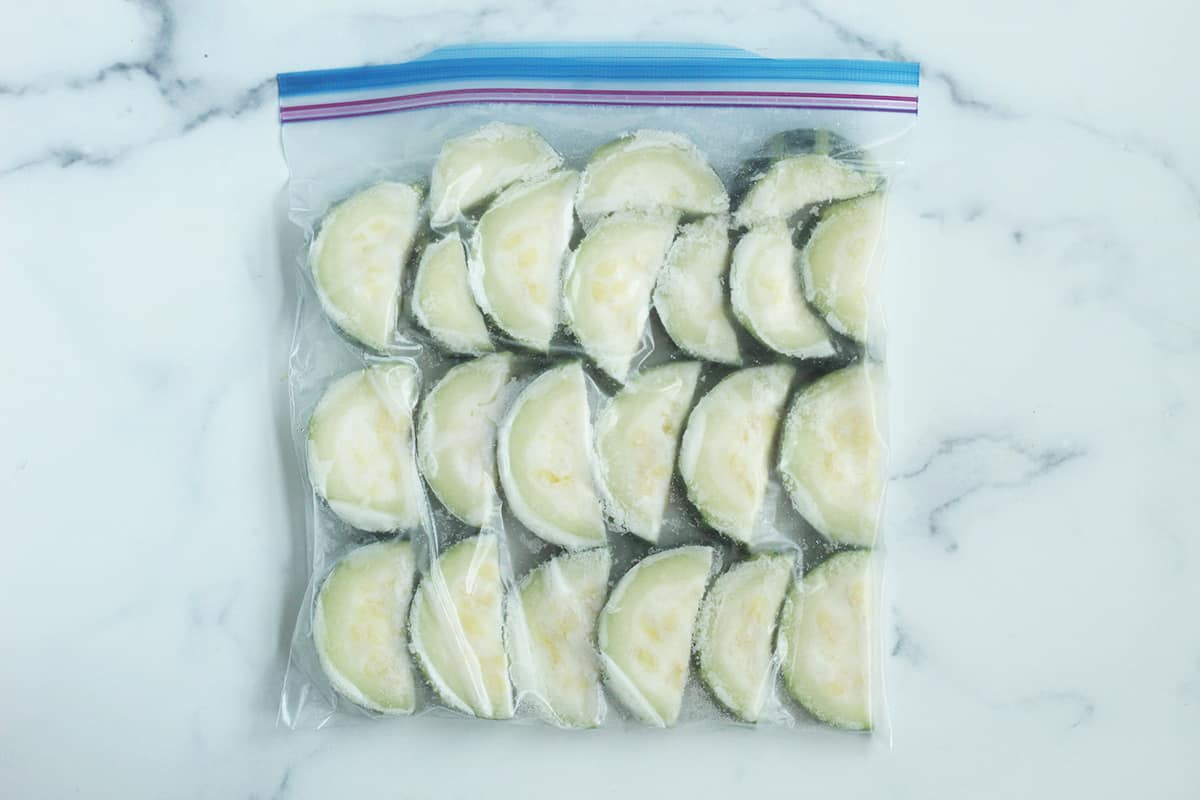 frozen zucchini slices in zip top bag