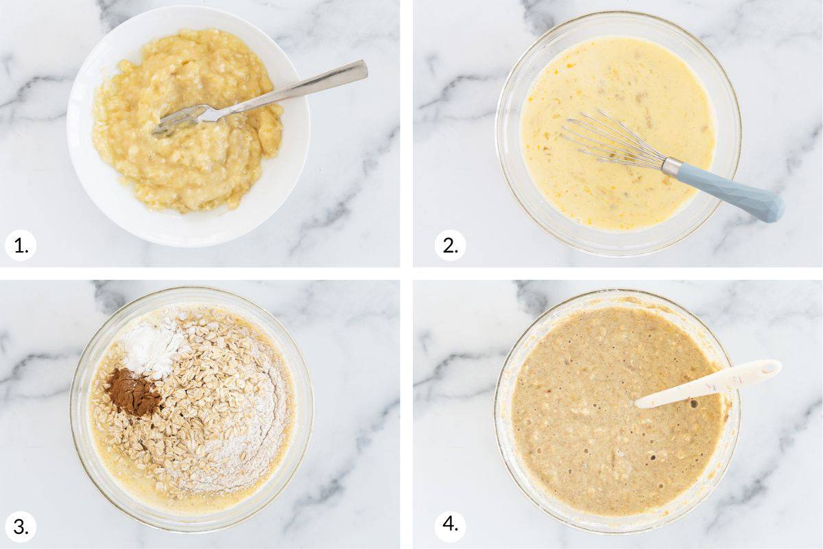 how to make oatmeal banana pancakes in grid of images. 