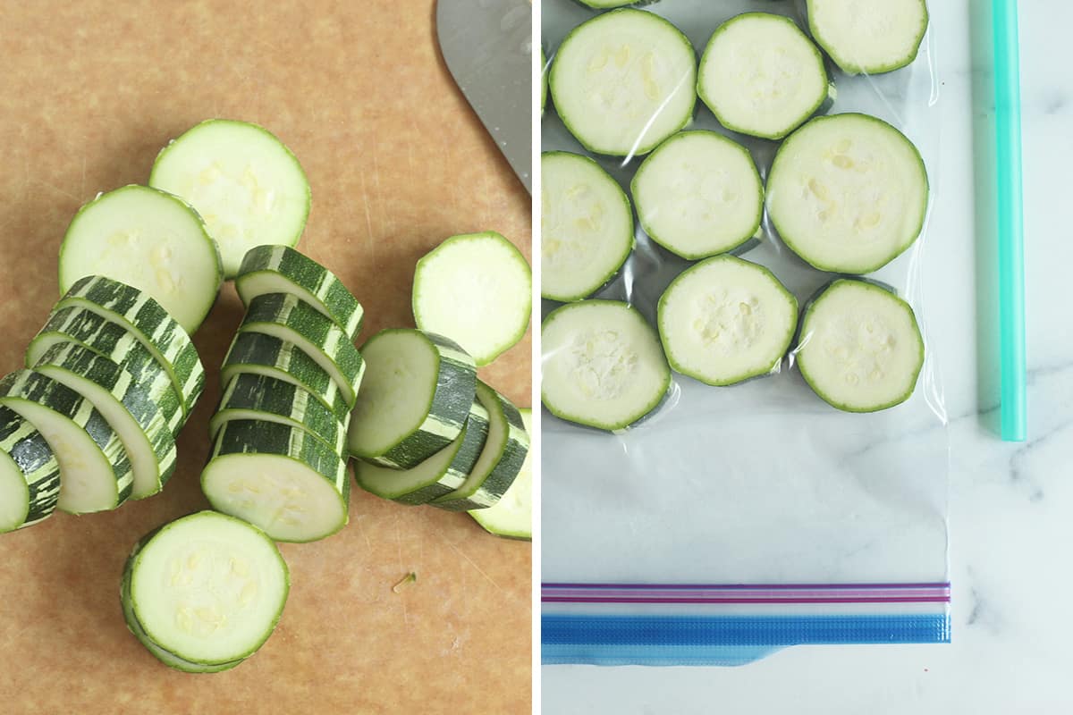 prepping raw zucchini to freeze