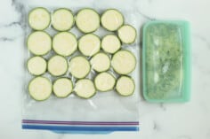 Zucchini slices in zip top bag and zucchini shreds in reusable bag