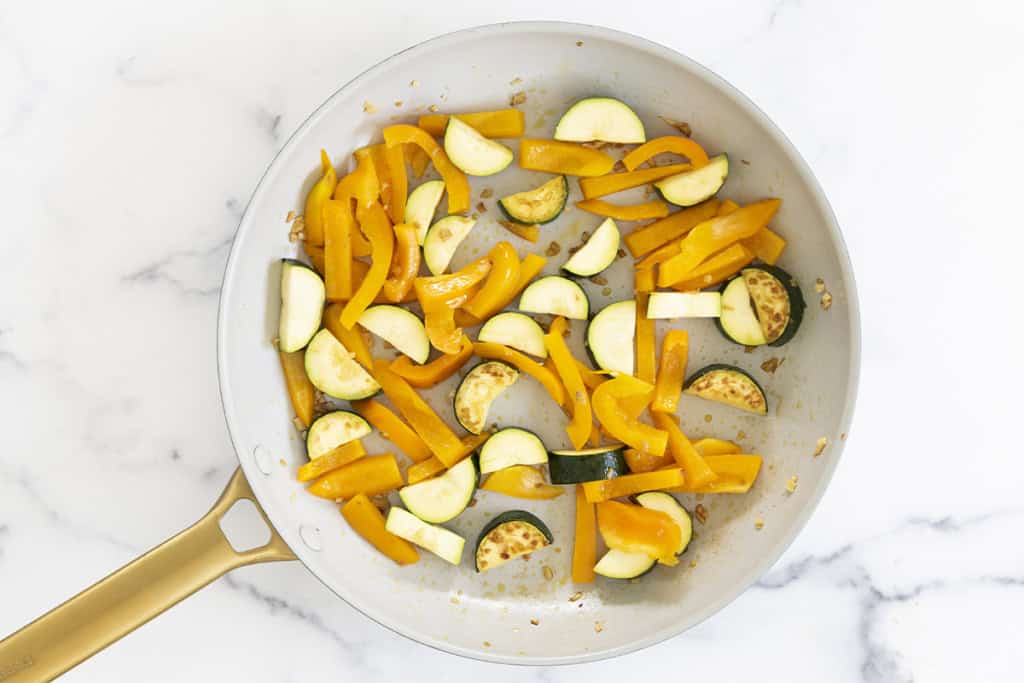Veggies in pan for shrimp and noodles.