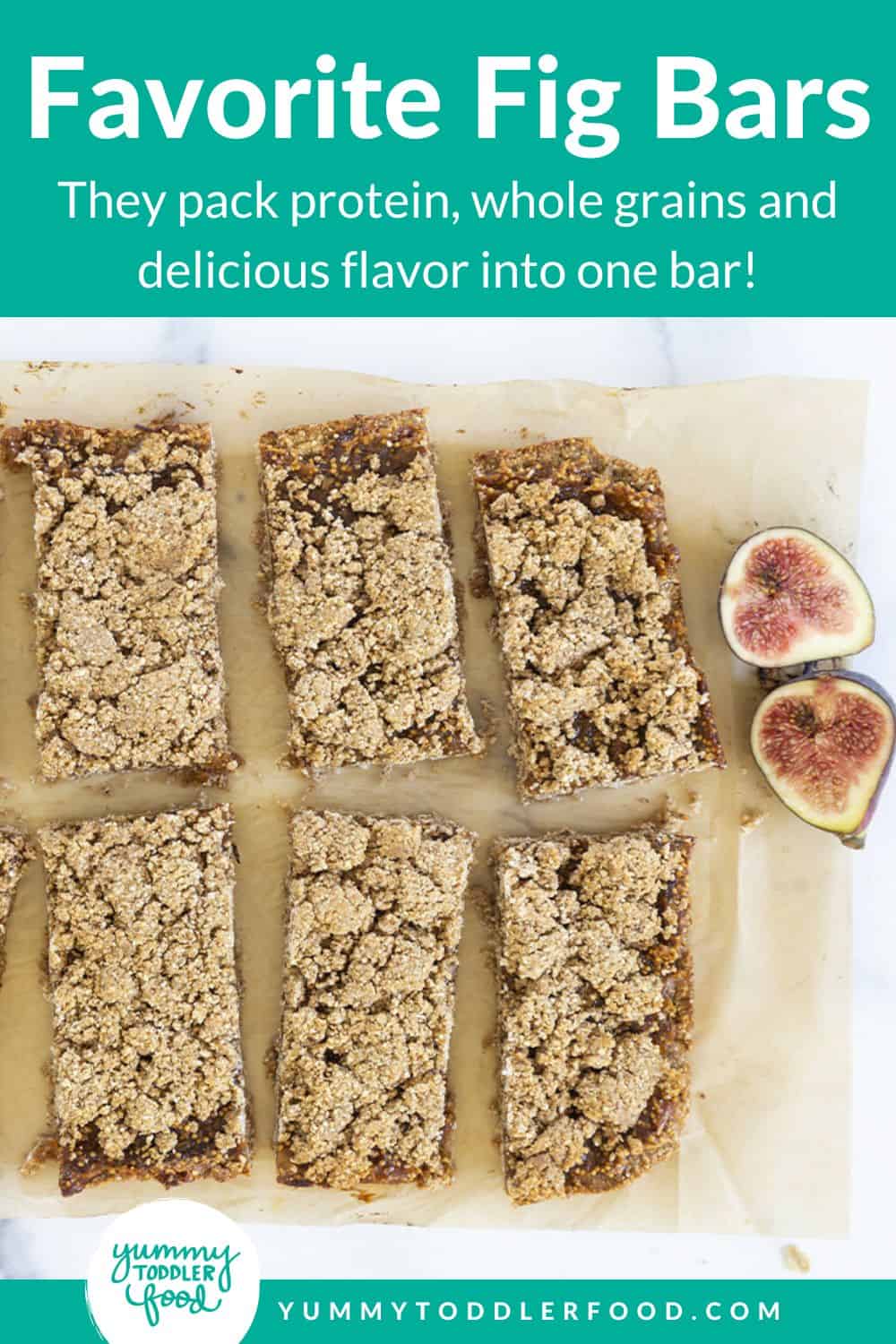 fig bars cut on parchment paper with hand holding bar
