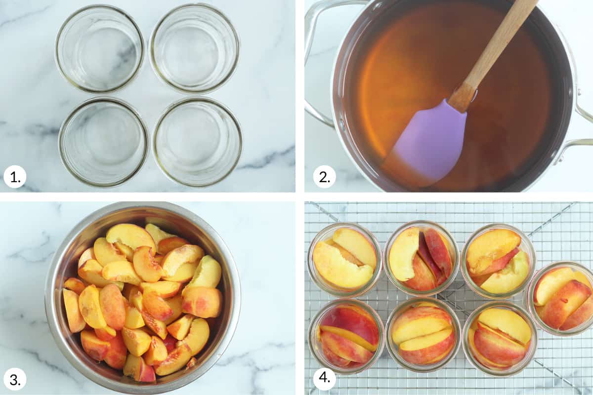 how to can peaches in grid of four images.
