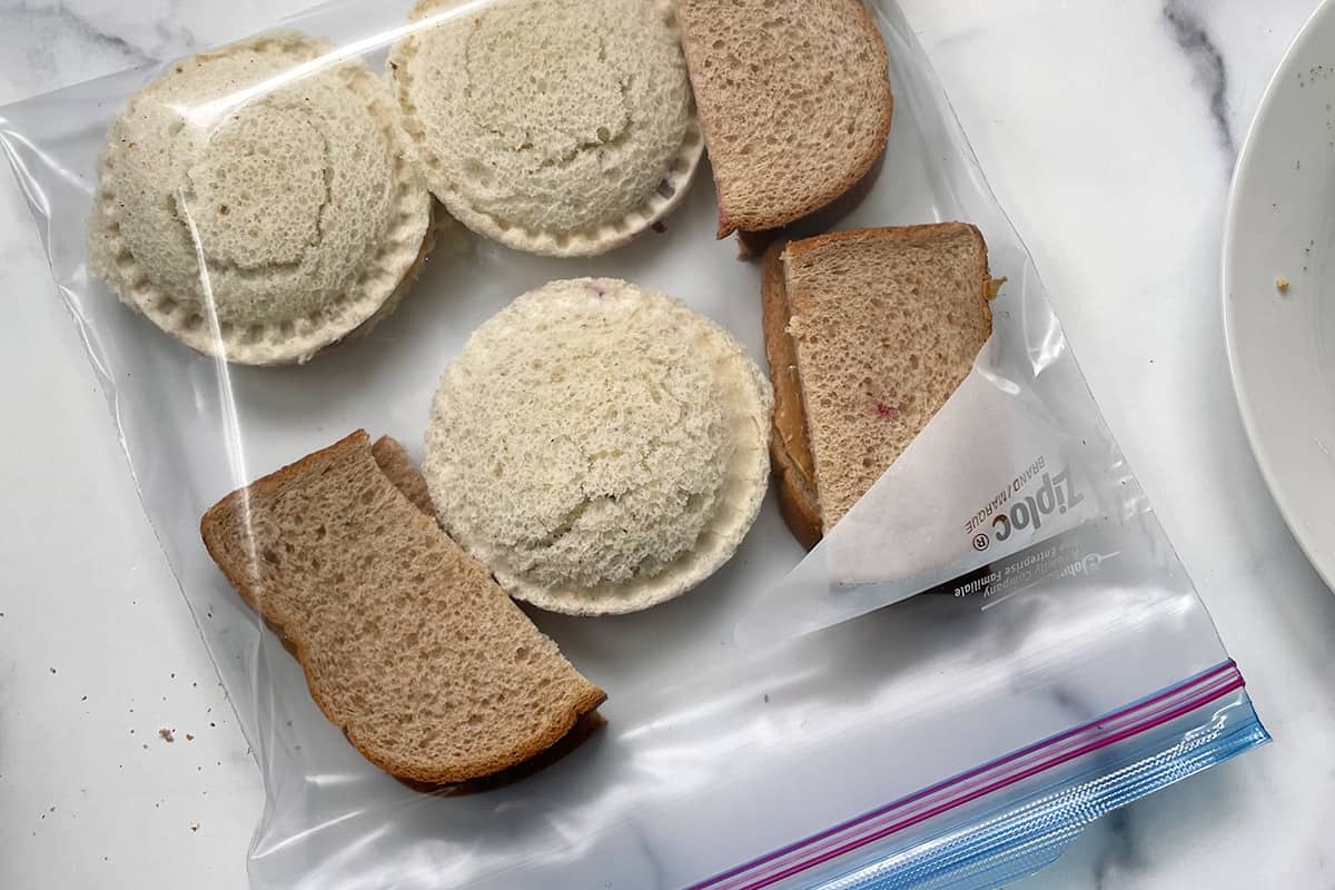 sandwiches in freezer bag on counter.