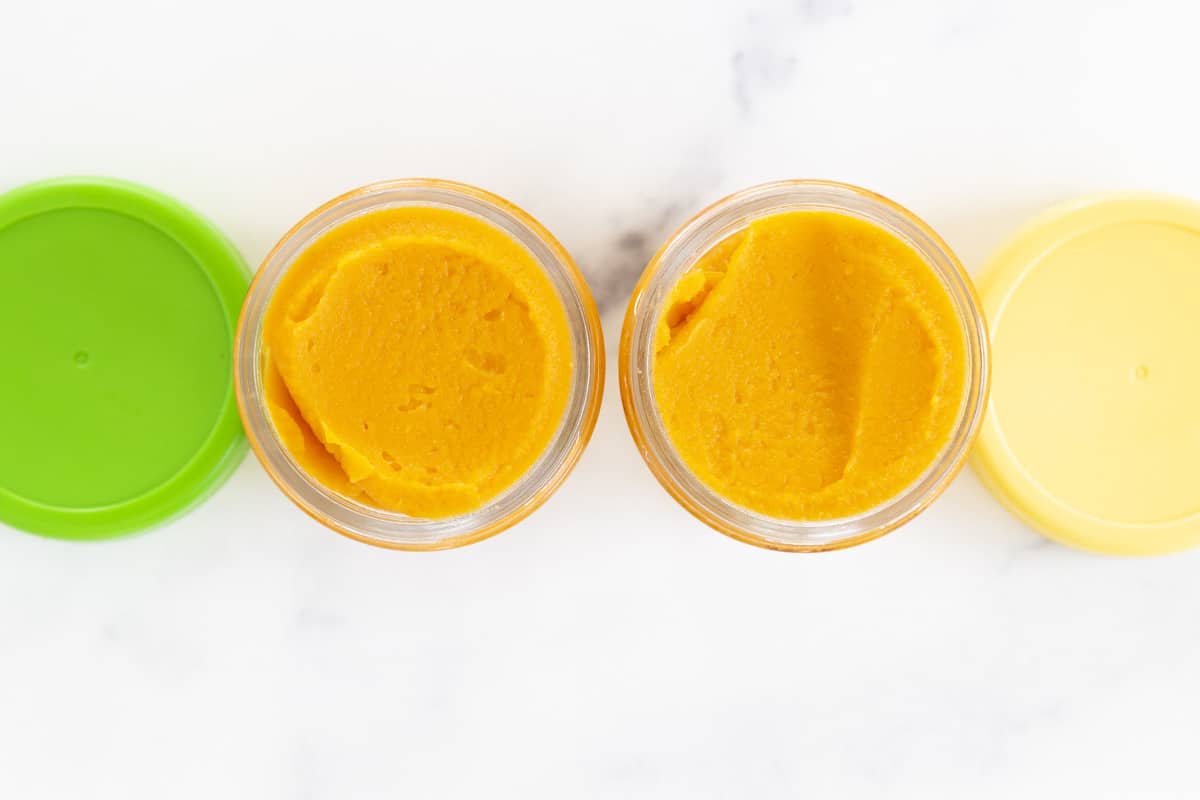 sweet potato puree in two glass jars with lids