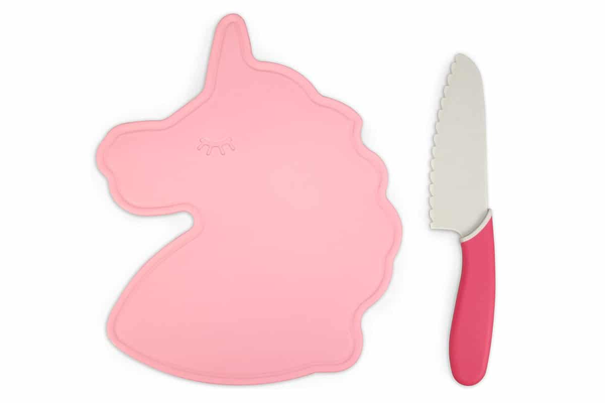 handstand kitchen unicorn cutting board and knife.