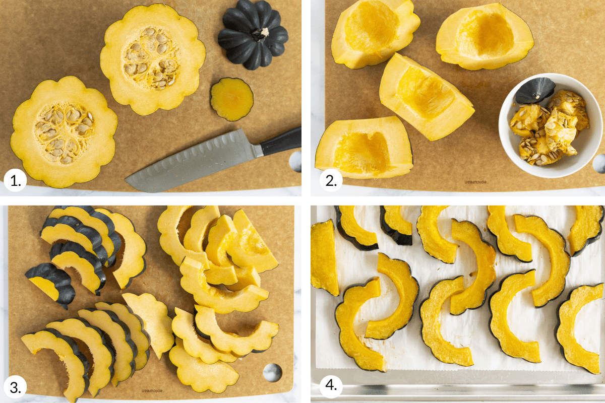 how to cut acorn squash in grid of 4 images.