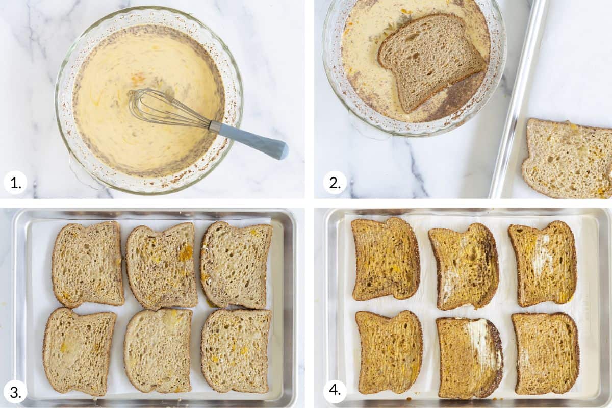 how to make baked french toast in grid of 4 images