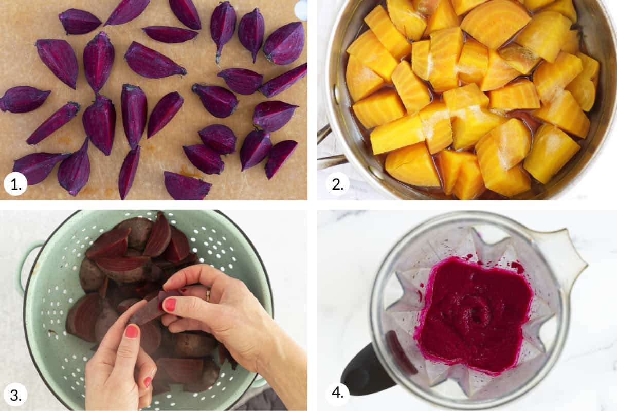 how to make beets baby food in grid of four steps.