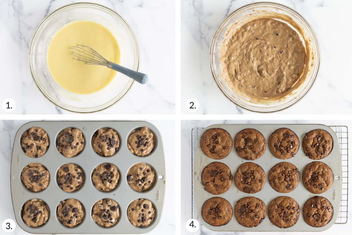 how to make chocolate muffins in grid of 4 images.