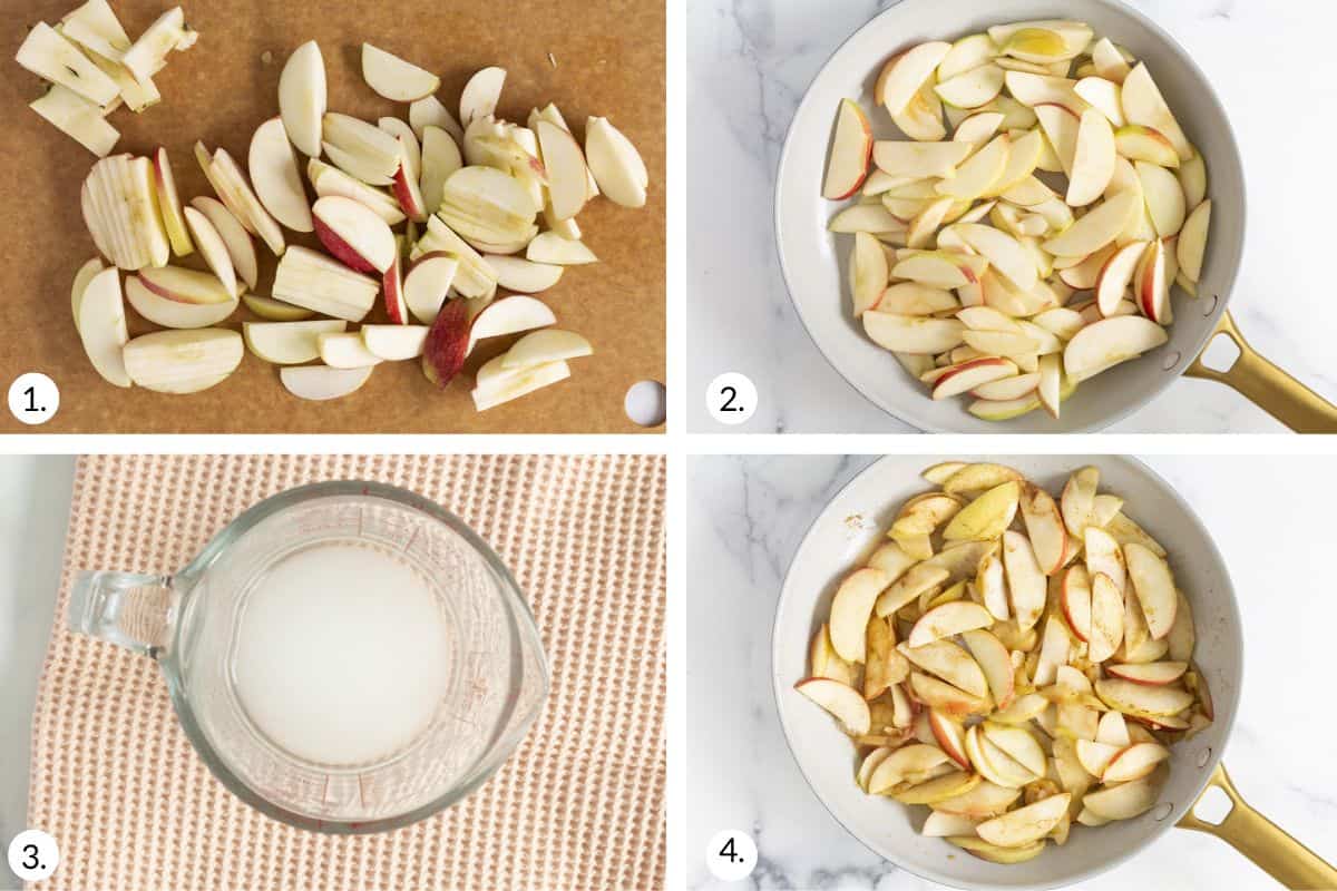 how to make cinnamon apples in grid of 4 images.