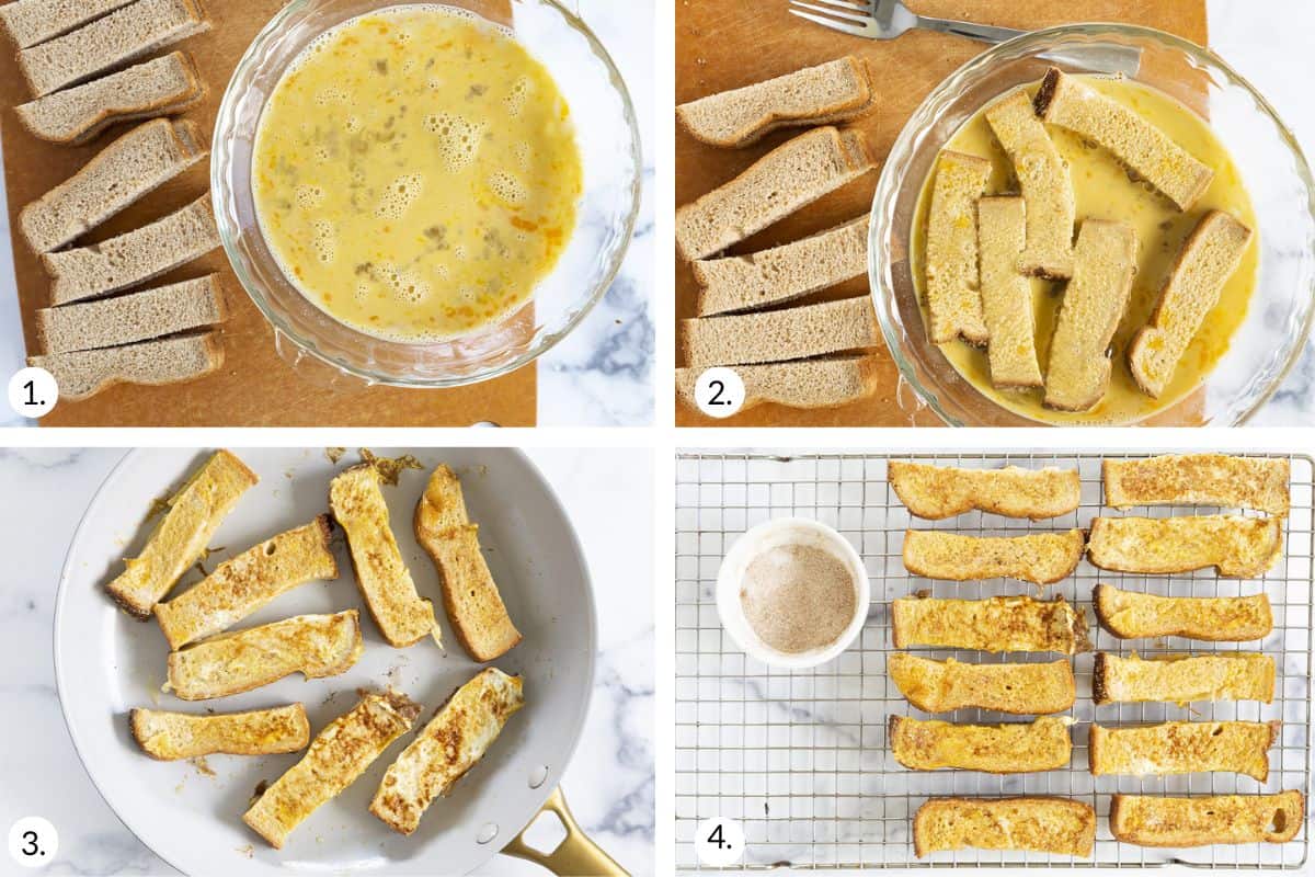 how to make french toast sticks in grid of 4 images.