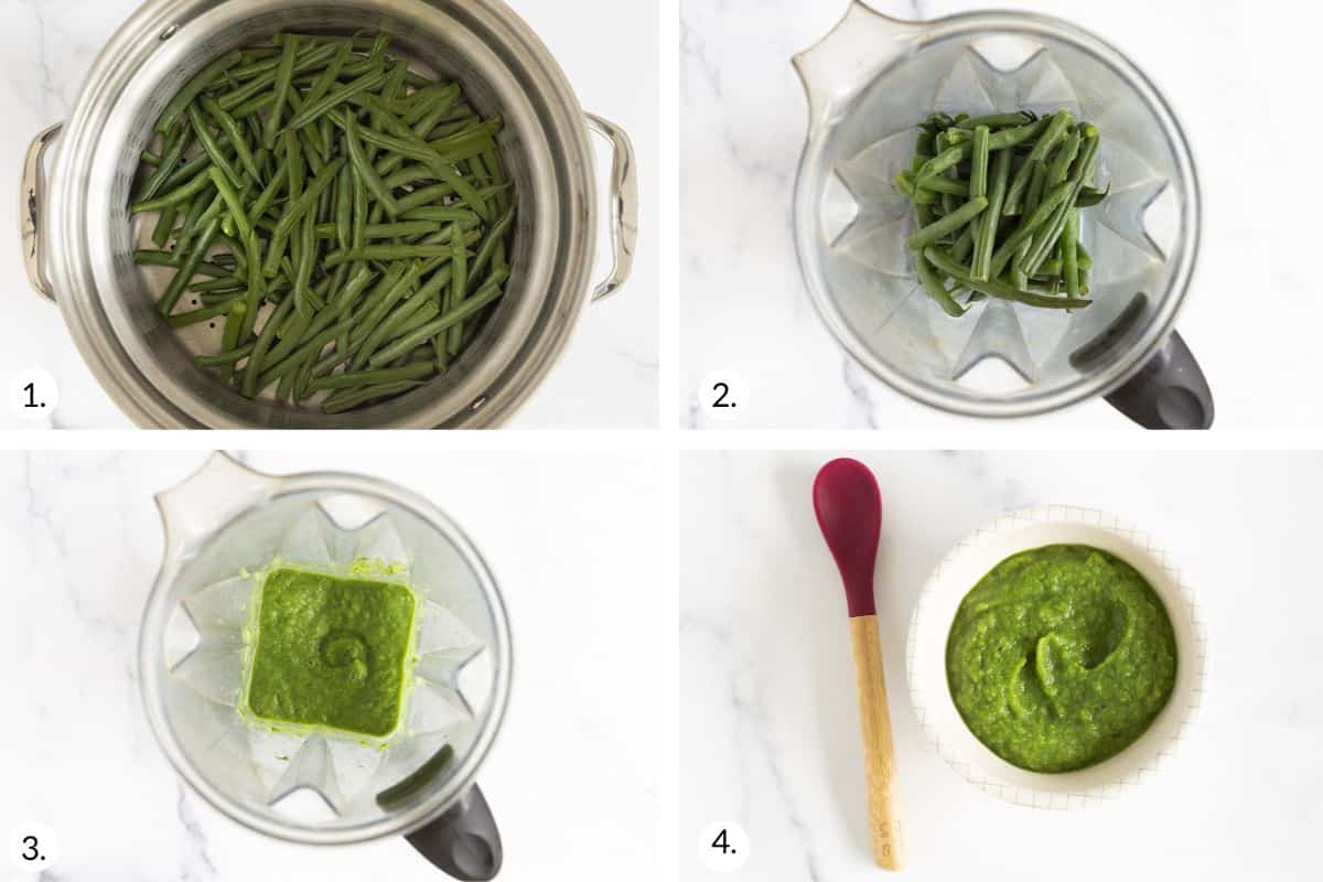 how to make green bean baby food in grid of 4 images.