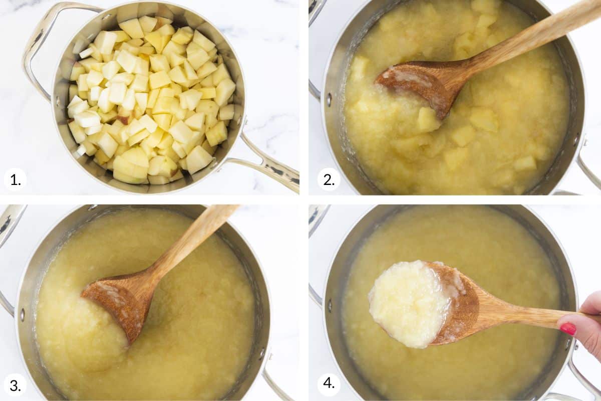 how to make homemade applesauce in grid of 4 images