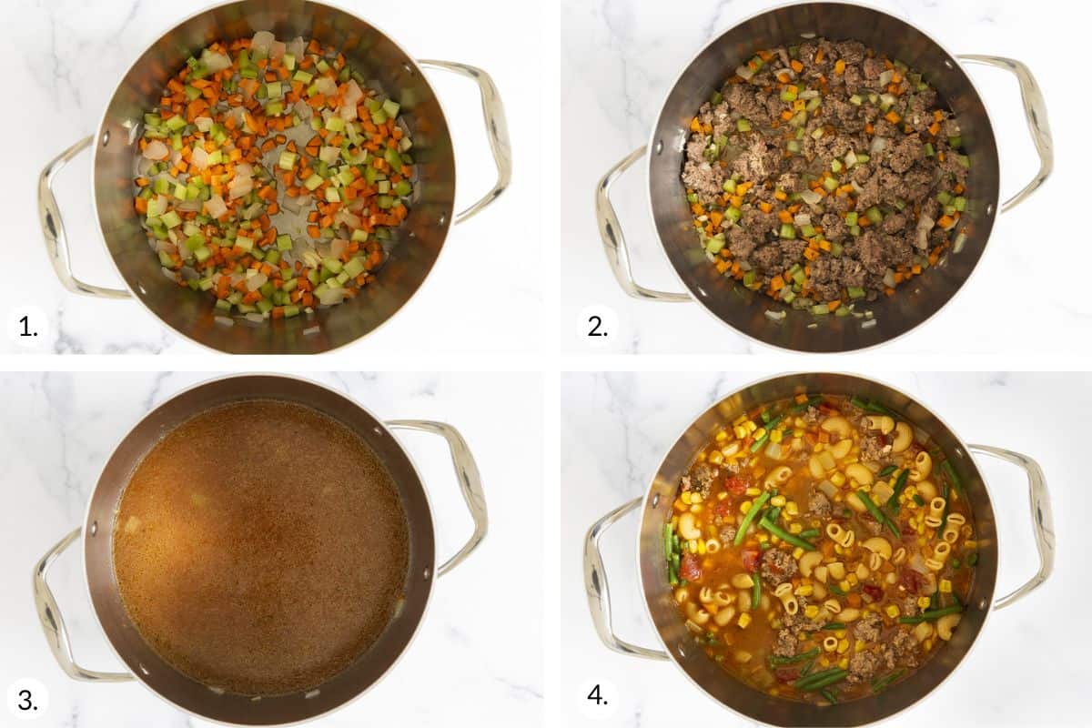 how to make macaroni soup in grid of 4 images.