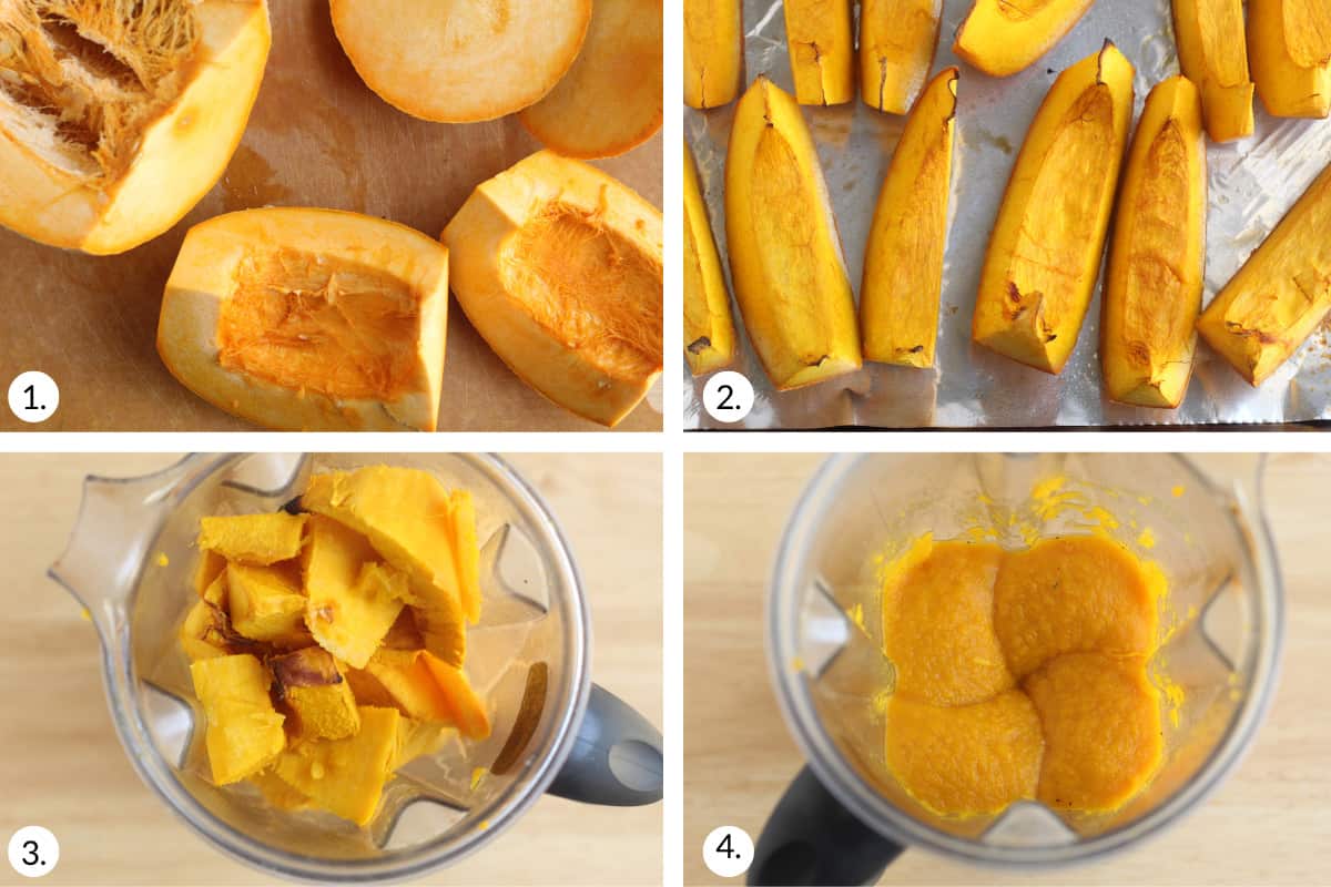 how to make pumpkin puree in grid of four steps.