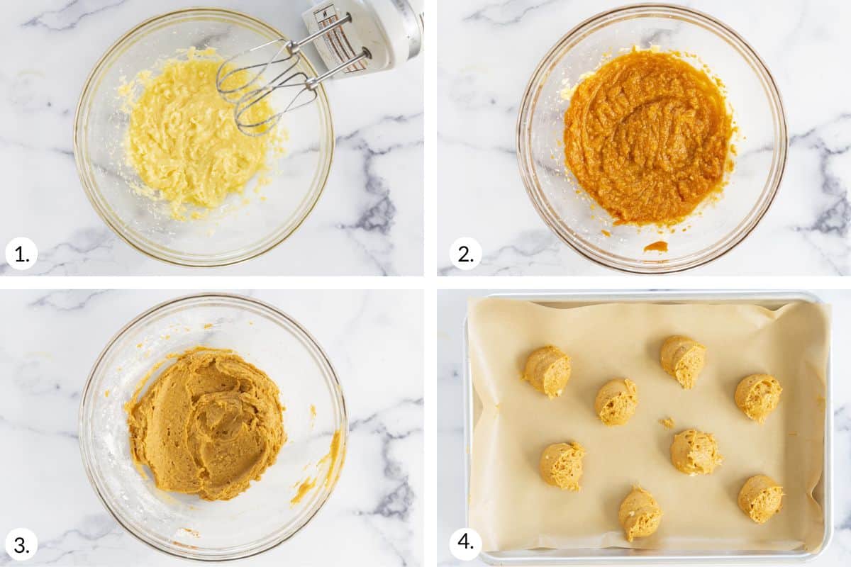 how to make pumpkin cookies in grid of 4 images.