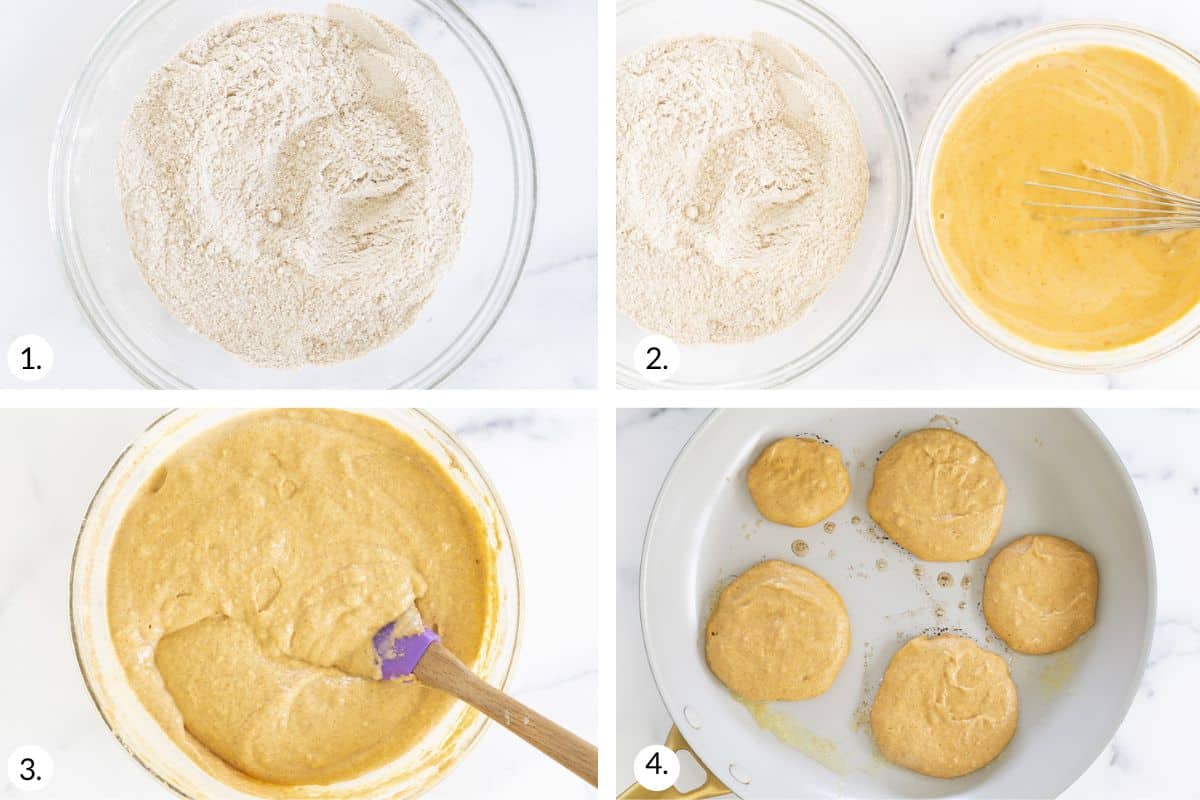 how to make pumpkin pancakes in grid of 4 images.