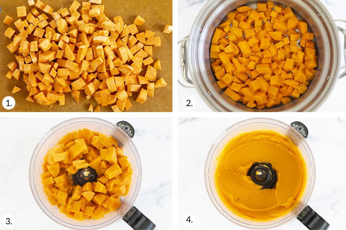how to make sweet potato puree in grid of 4 images