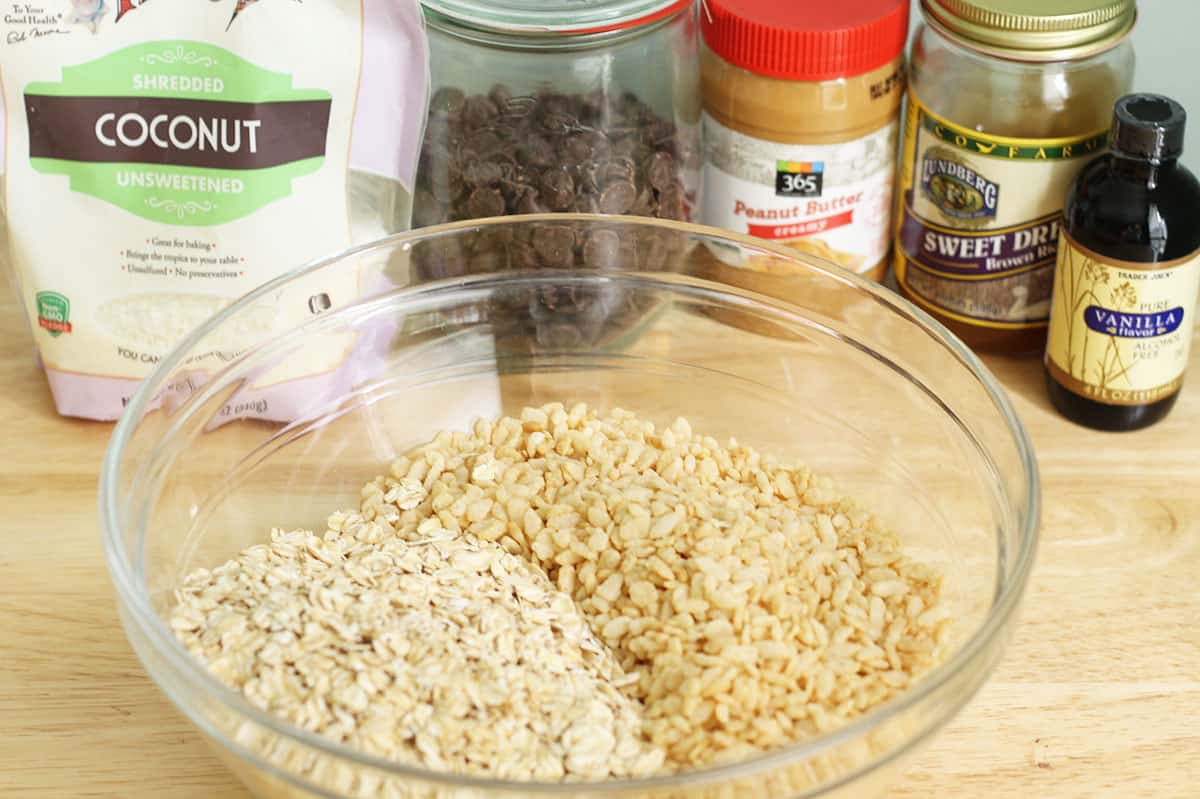 ingredients in no bake granola bars on counter.