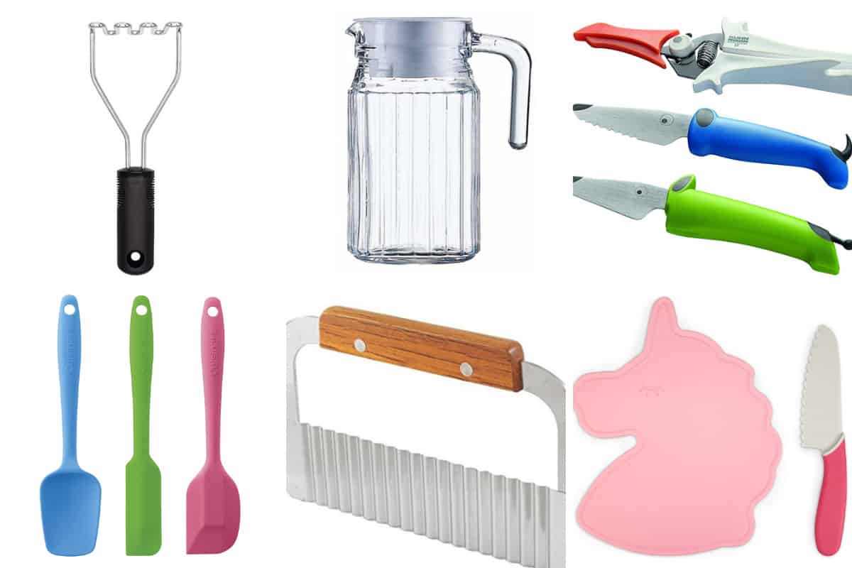 kids cooking tools in grid of 6 products.