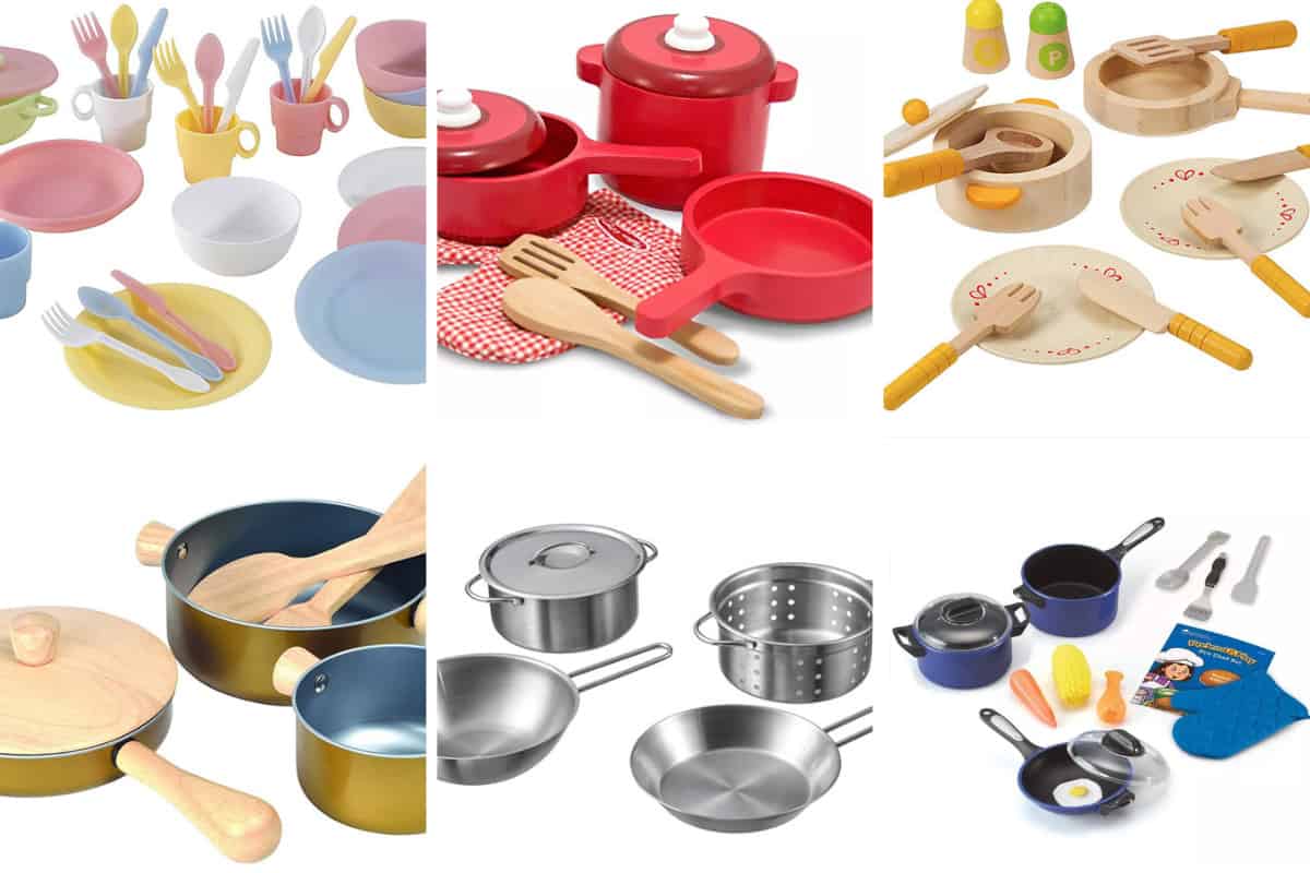 toddler pots and pans in grid of 6 images.