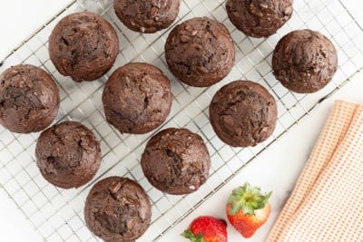 chocolate muffins on wire rack.