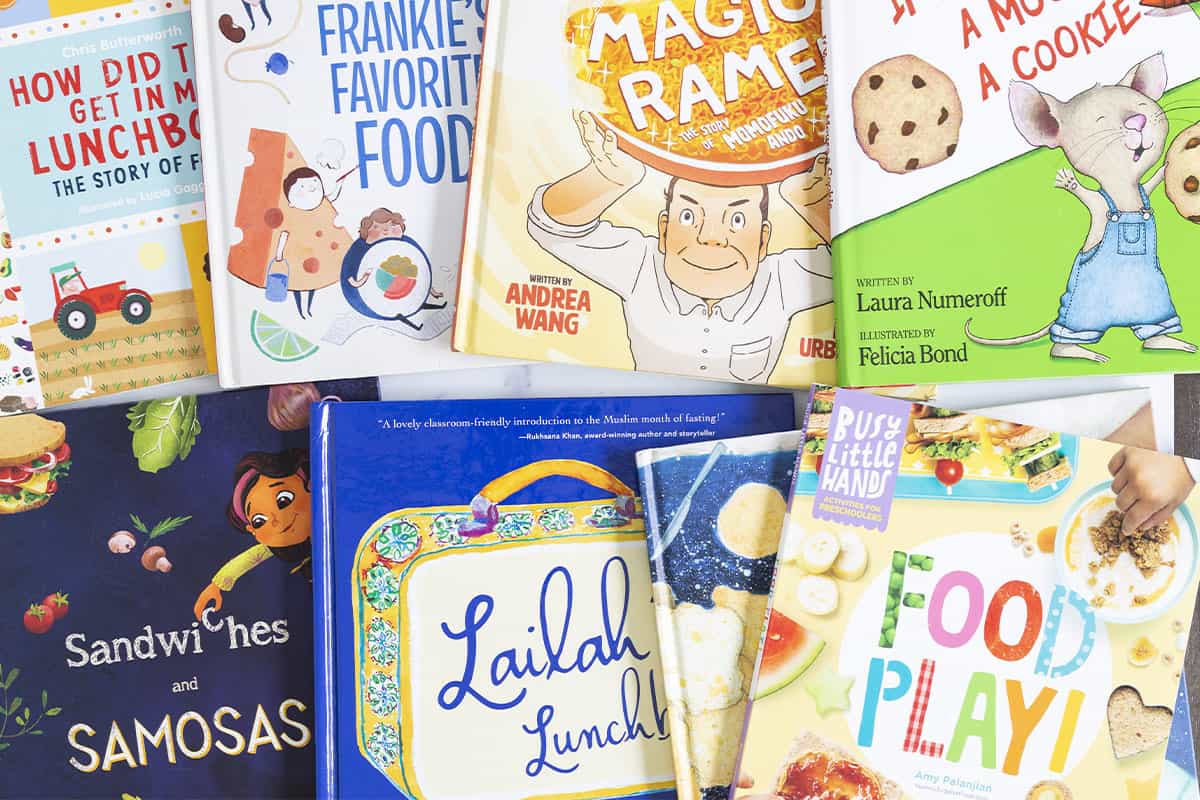 kids books about food on table.