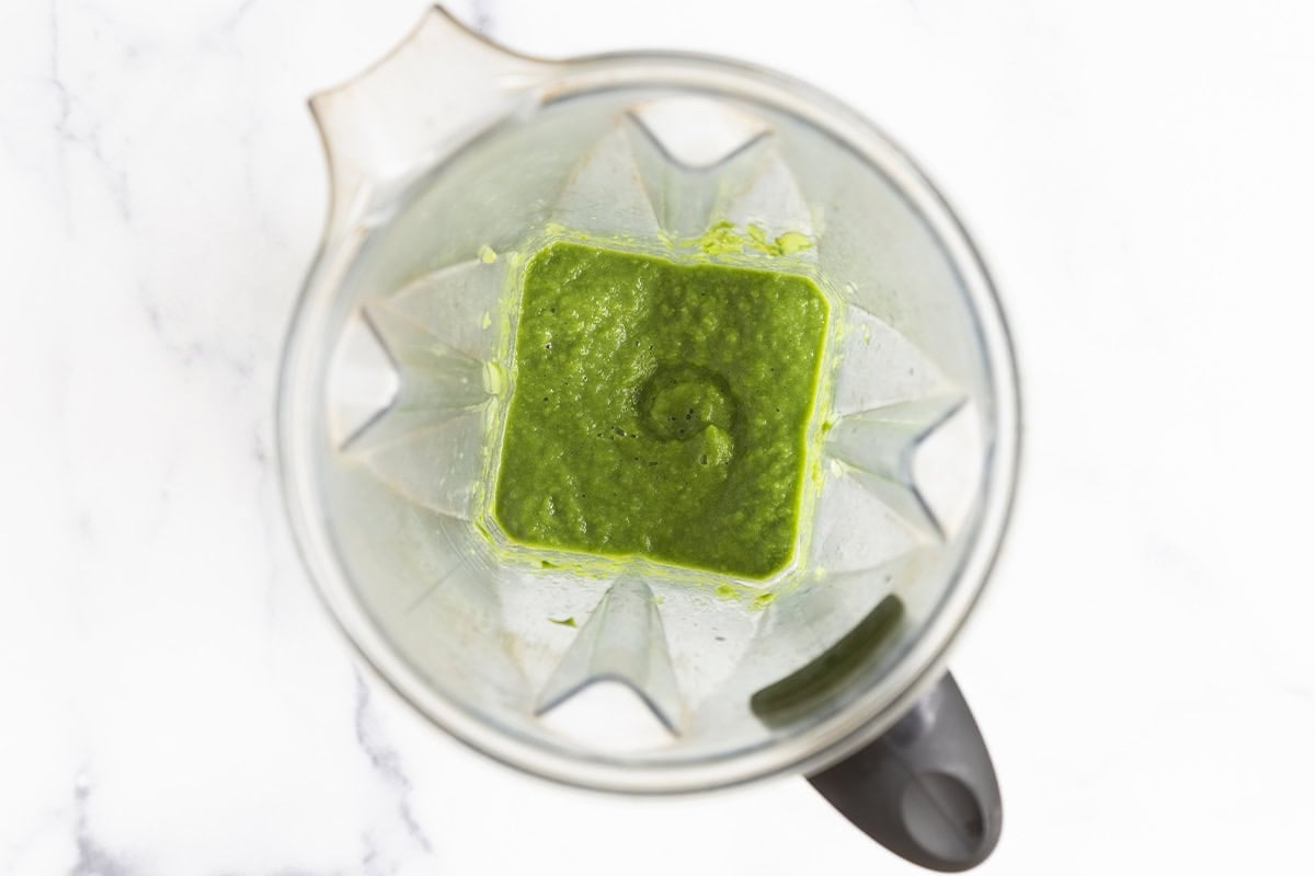 Green bean puree in blender for baby food.