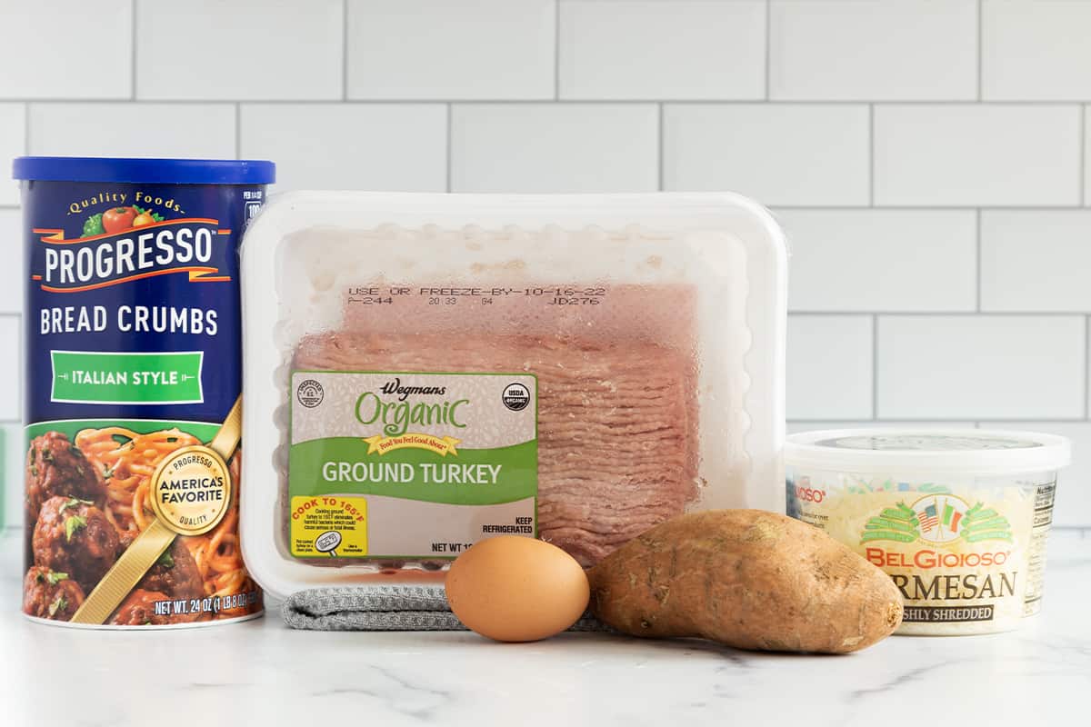 Ingredients for turkey meatballs on countertop