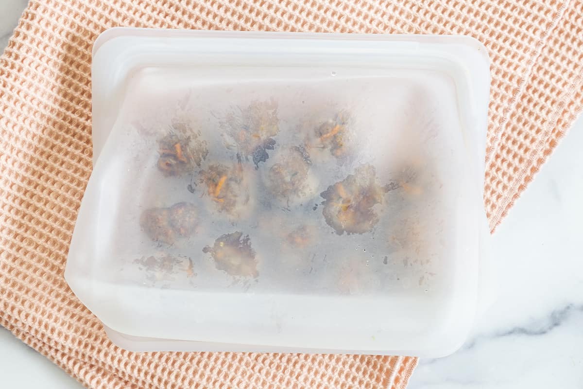 Turkey meatballs in freezer bag.