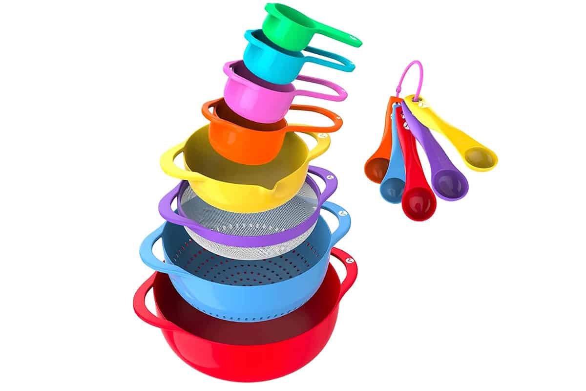 colorful mixing bowls and measuring spoons set.