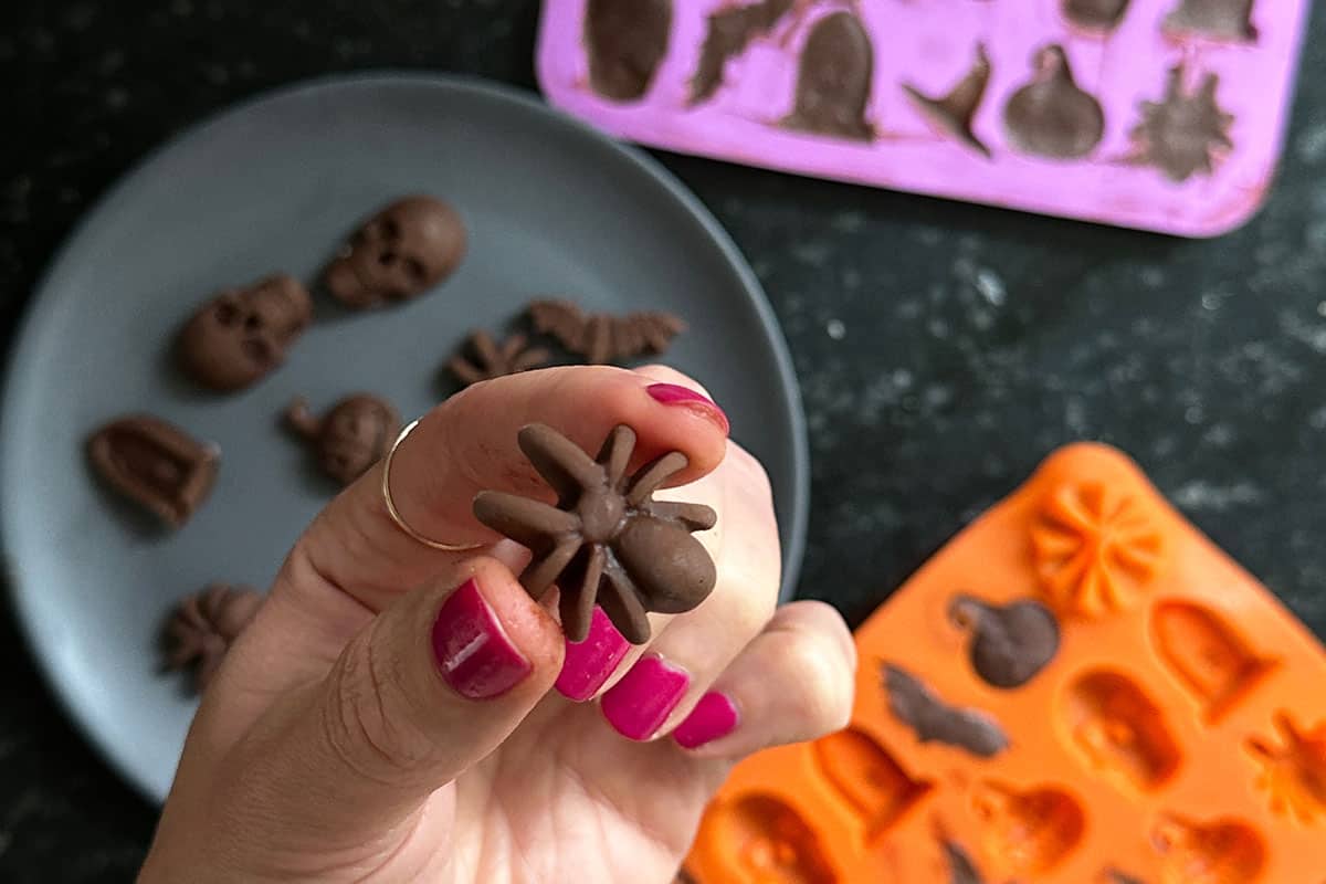 chocolate avocado fudge bites shaped like spiders.