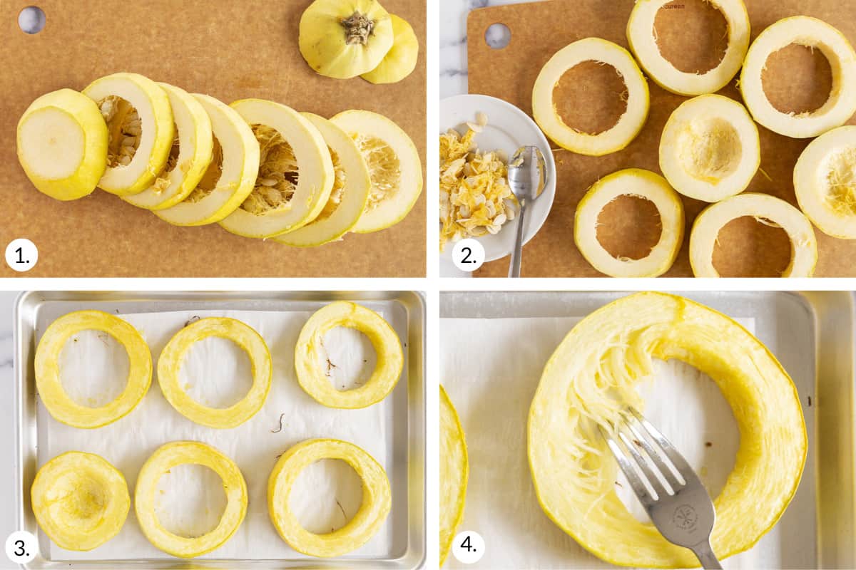 how to cut spaghetti squash in grid of four images.