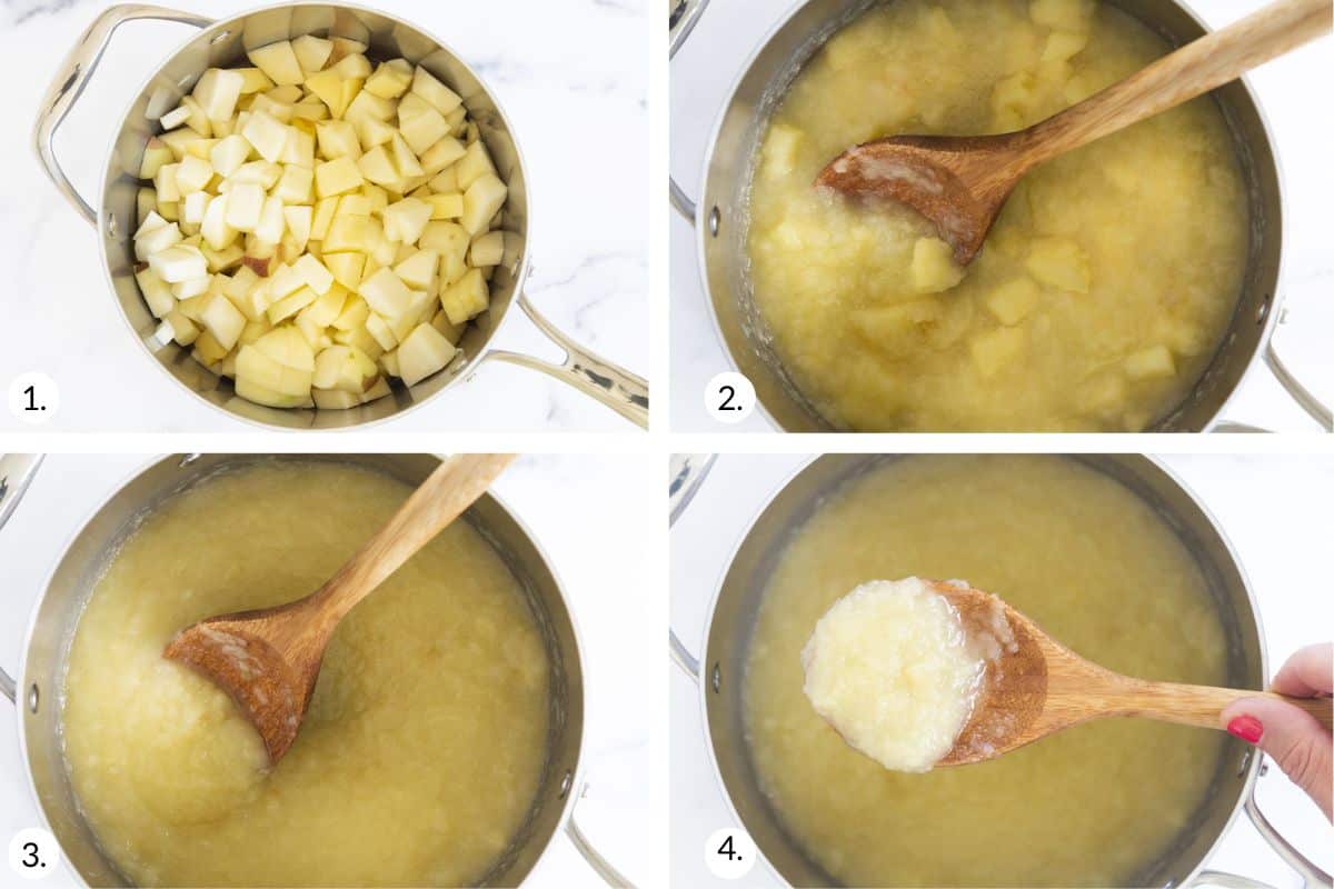 how to make cinnamon applesauce in grid of 4 images.