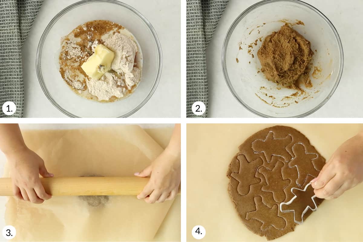 how to make easy gingerbread cookies in grid of four steps.