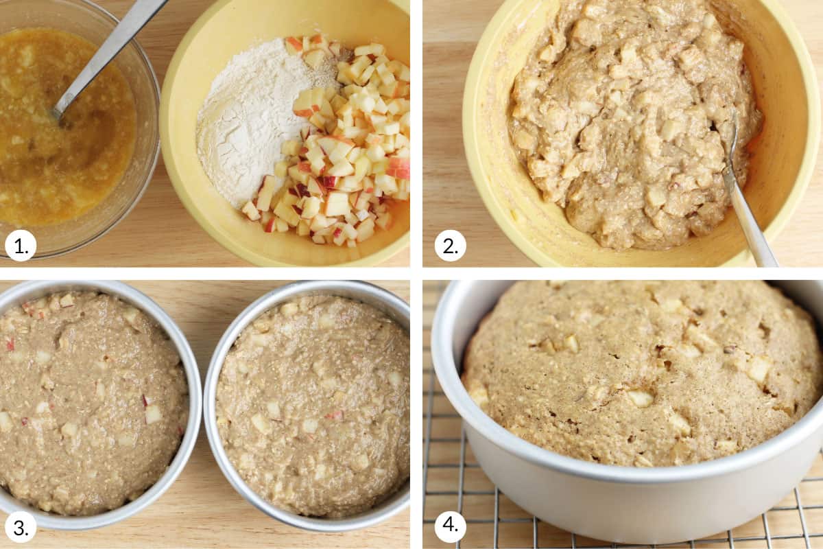 how to make healthy apple cake in grid of four images.