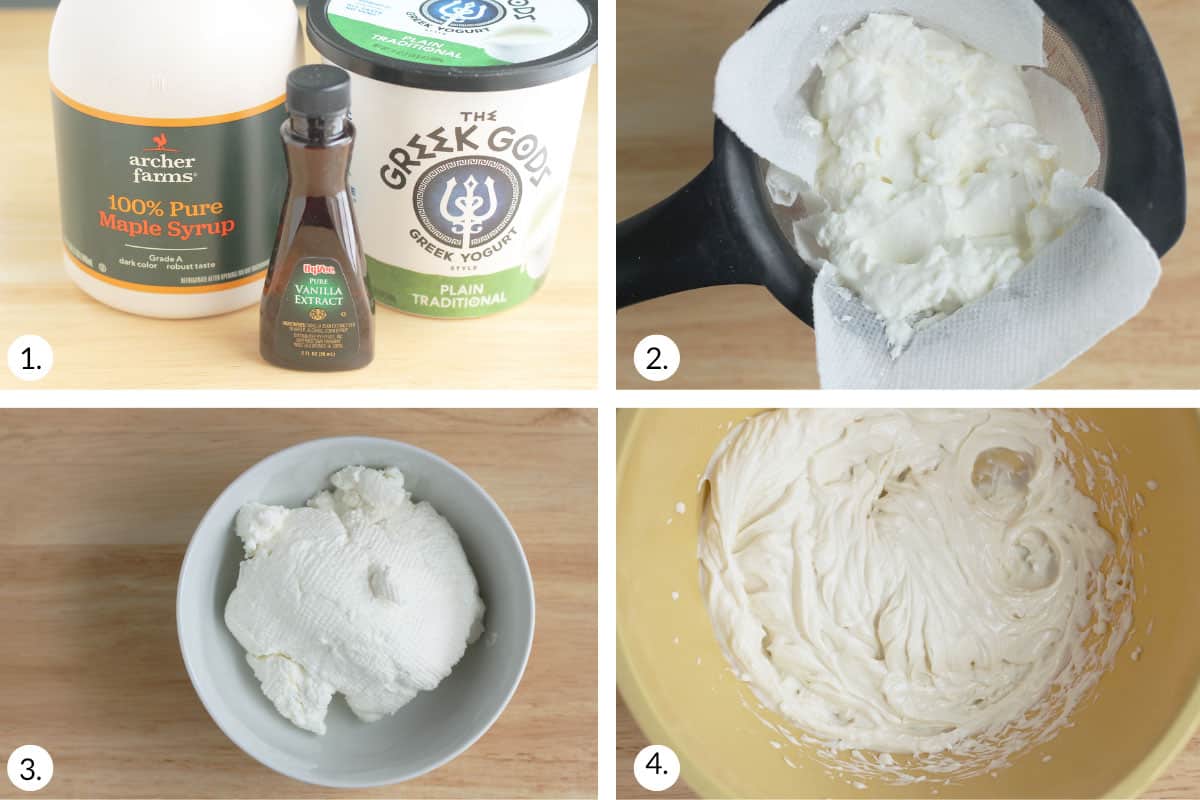 how to make maple yogurt frosting in grid of four images.
