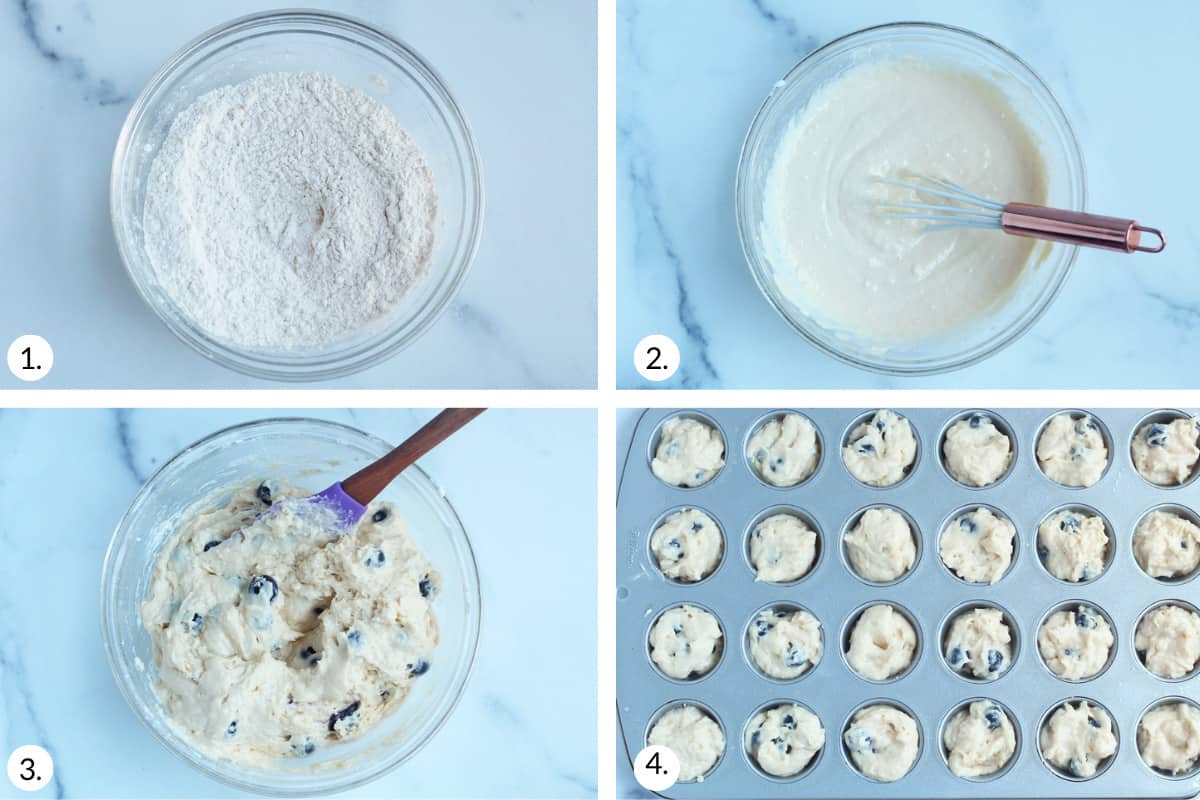 how to make mini blueberry muffins in grid of four.