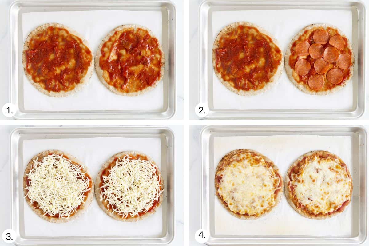 how to make pita pizzas in grid of 4 images.