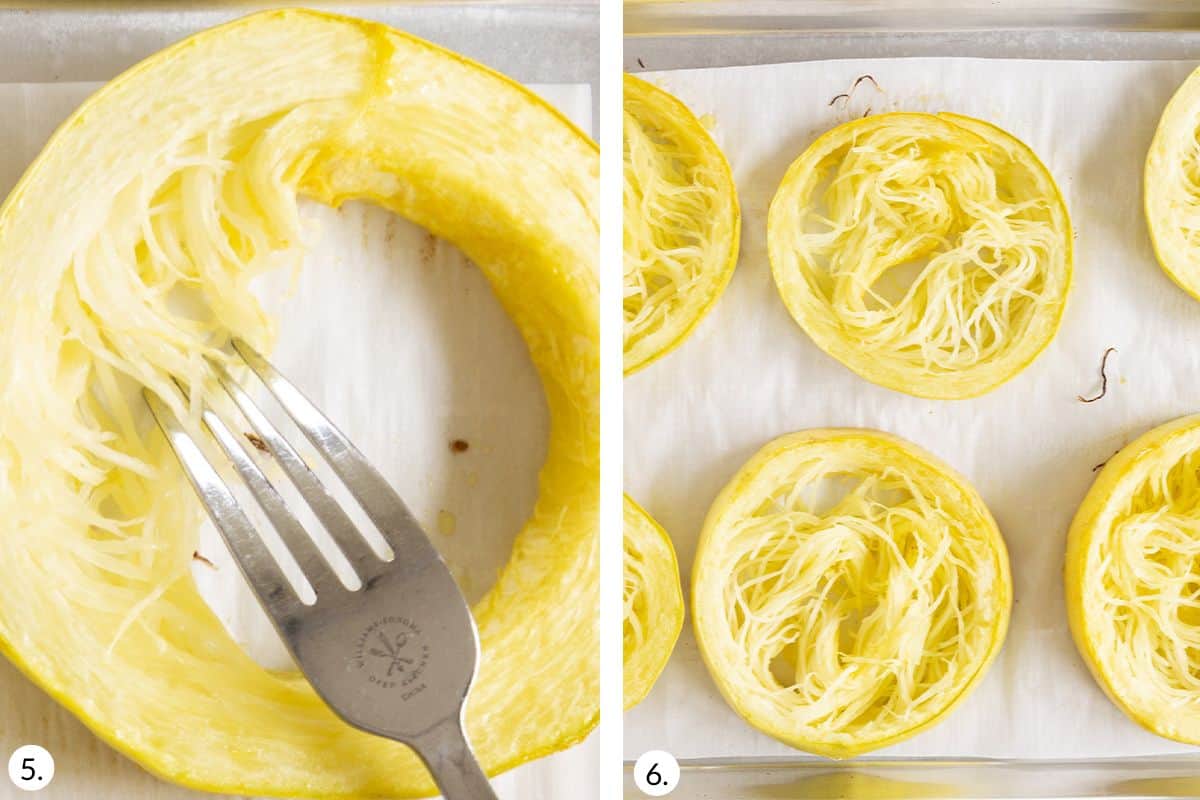 how to make spaghetti squash baby food in grid of 2 images.