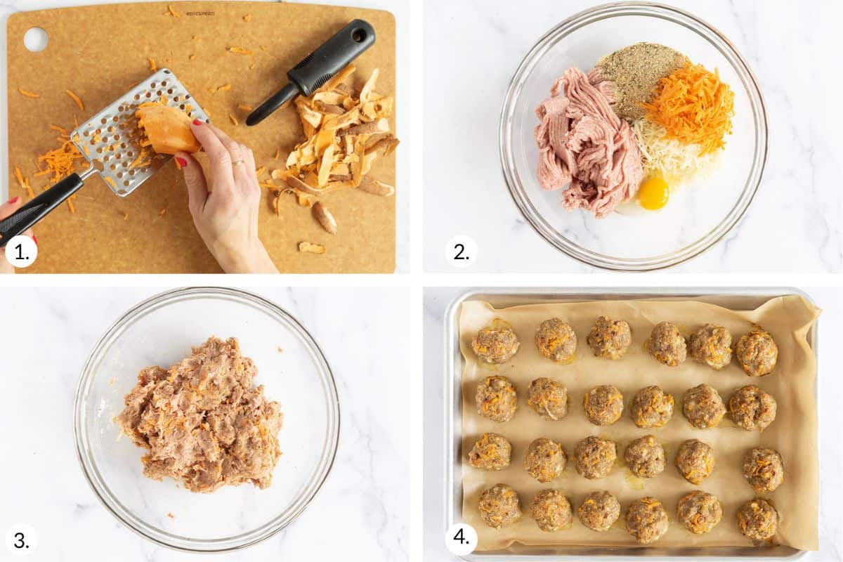 how to make turkey sweet potato meatballs in grid of 4 images.