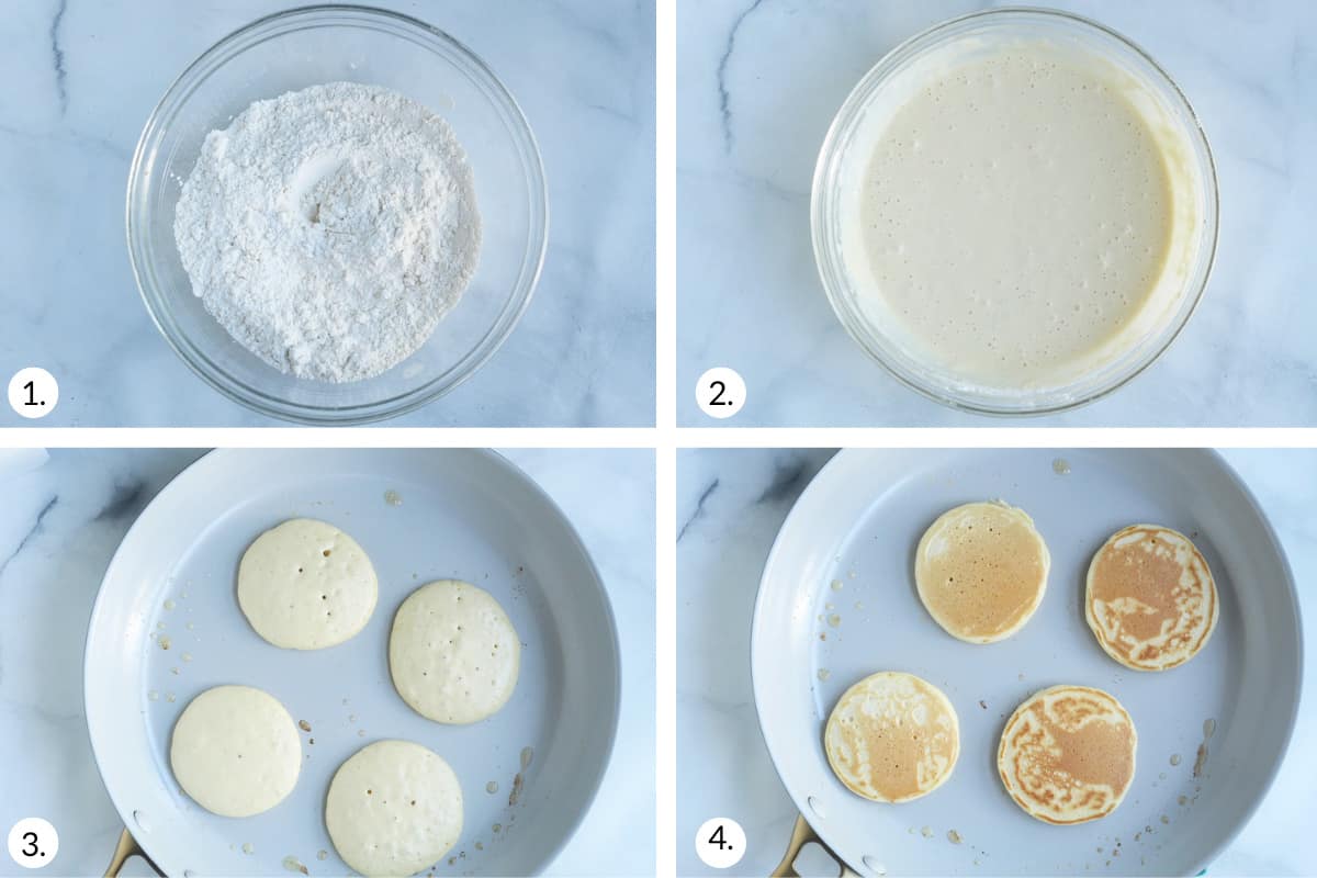 how to make yogurt pancakes in grid of four steps.