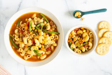macaroni-soup-in-two-bowls-on-counter