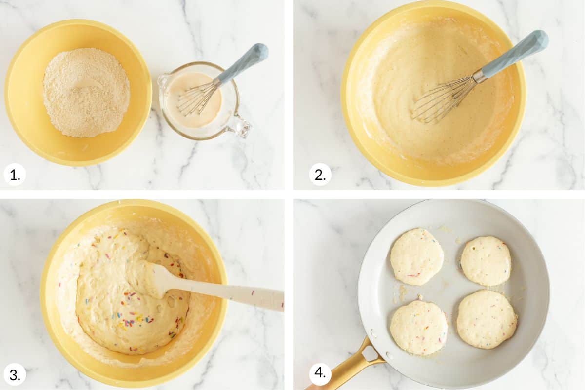 how to make funfetti pancakes in grid of 4 images.