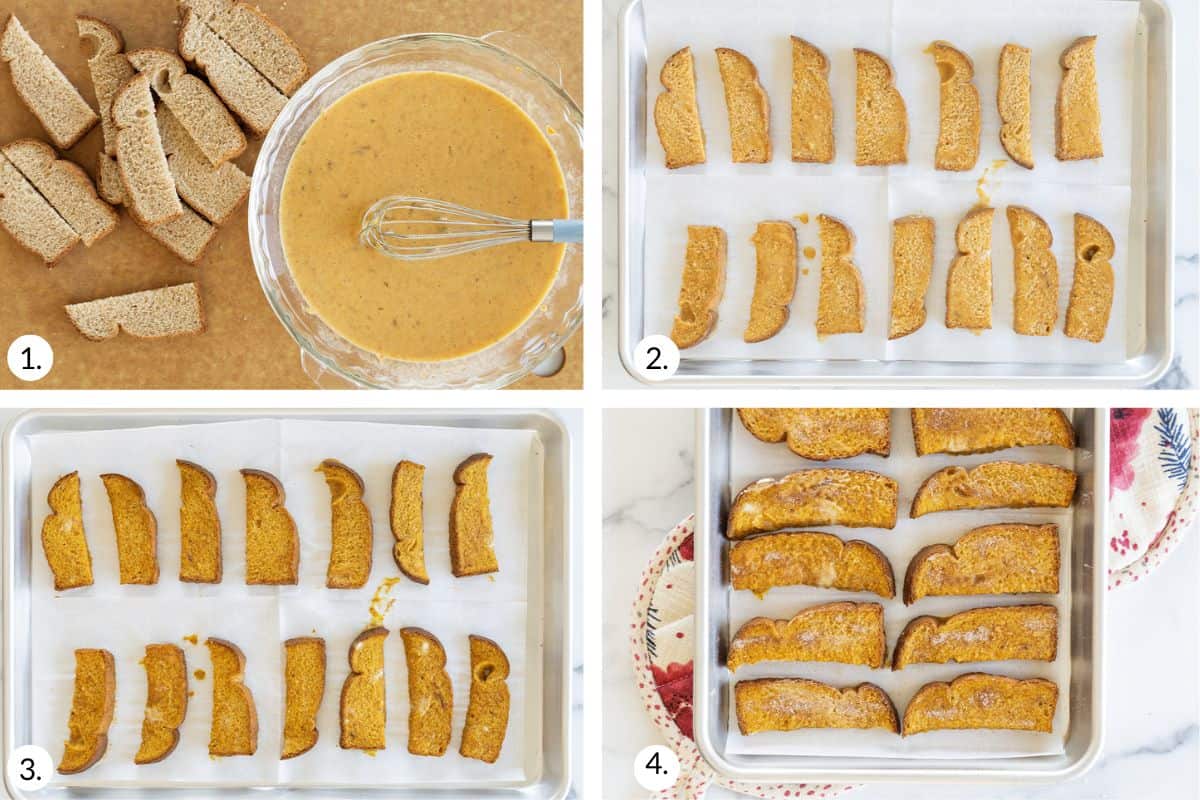 how to make pumpkin french toast in grid of 4 images.