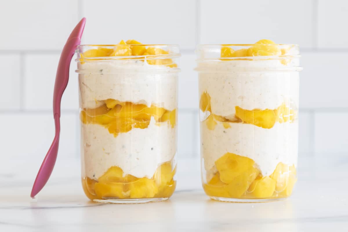 overnight oats with greek yogurt with mango layers.