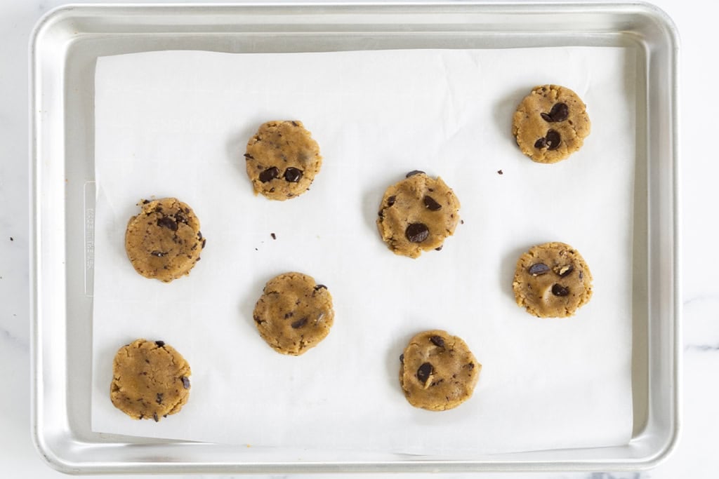 Dairy free chocolate chip cookies on baking sheet before baking.