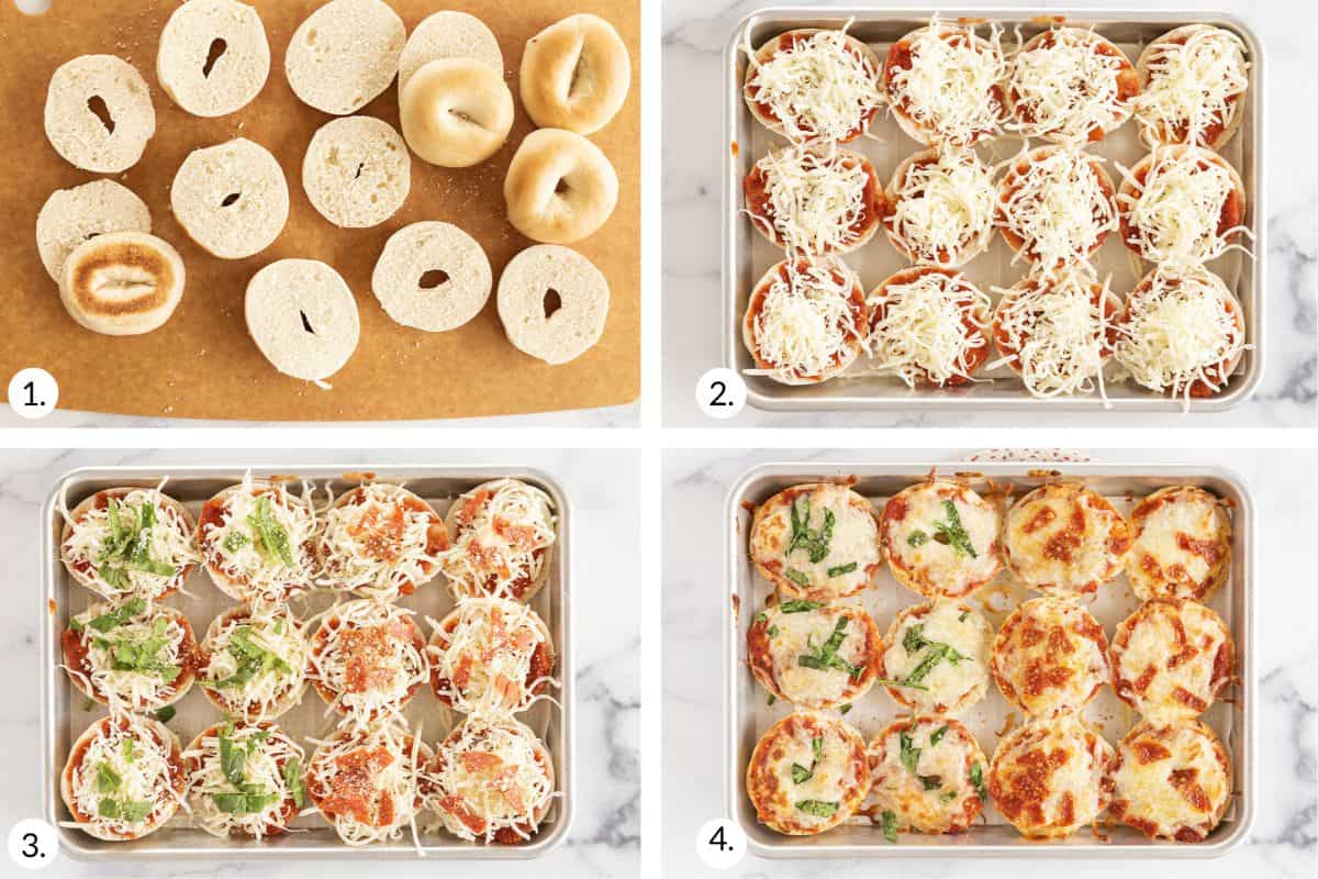 how to make bagel pizzas in grid of 4 images.